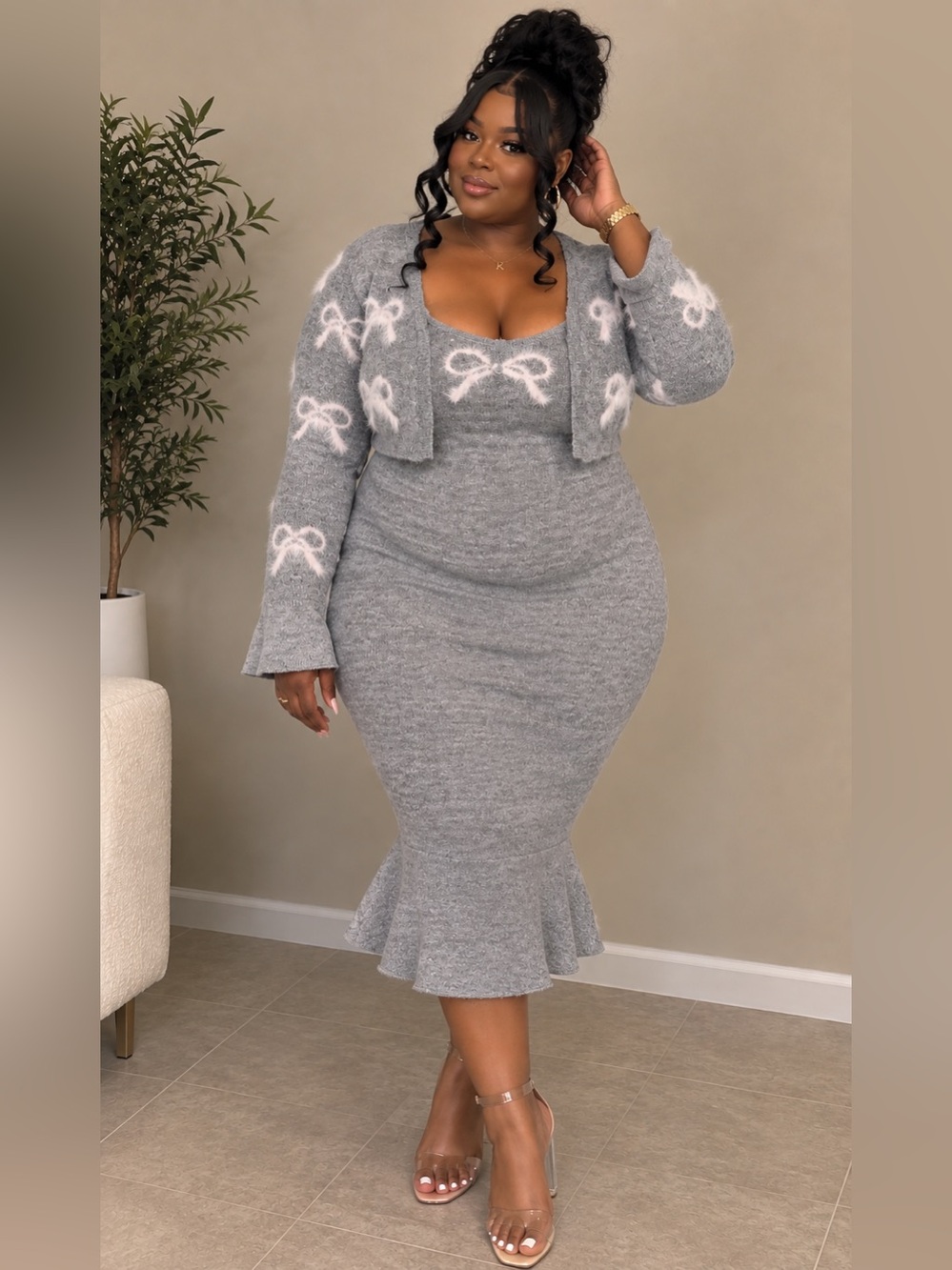 Fashion Nova Pretty Bow Sweater Midi Dress Cardigan Set 3X